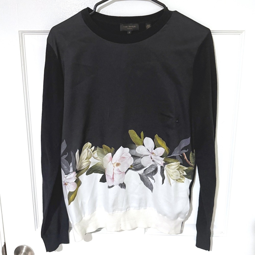 Ted Baker London Bellae Magnolia Floral Mixed Media Sweatshirt Black White Sz 2